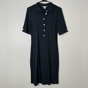 White + Warren Black Rayon Blend‎ Collared Stretch Knee Length Button Polo Dress